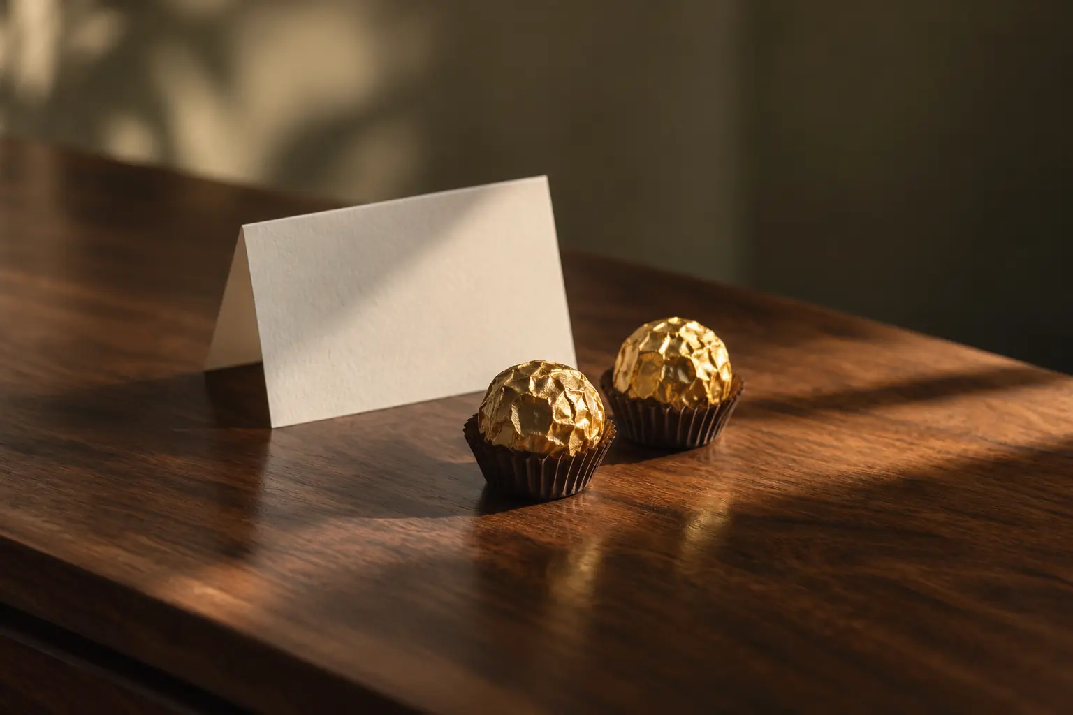 A welcome card and two gold-wrapped chocolates in soft window light