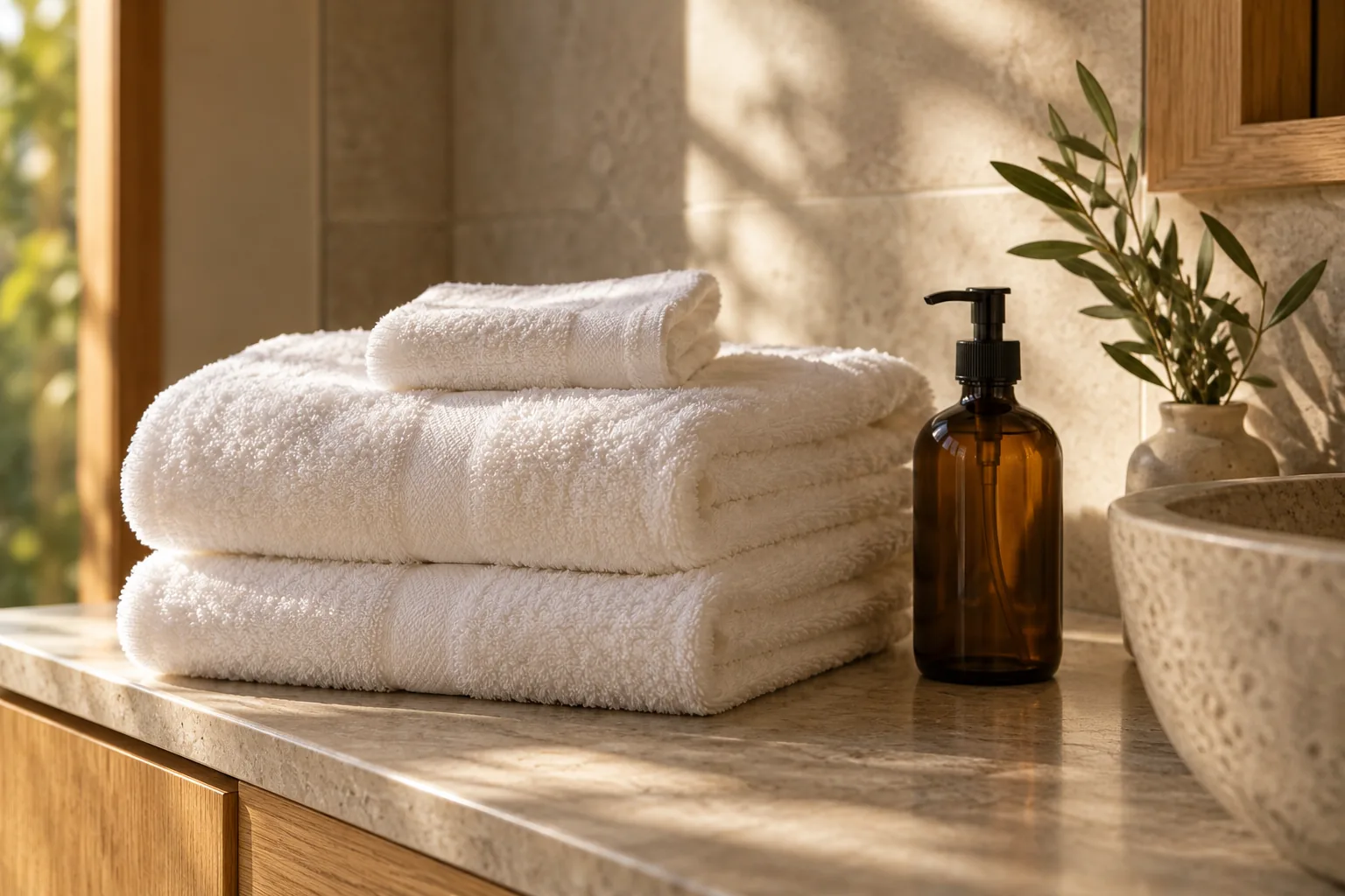 guest essentials: fresh white towels and an amber bottle