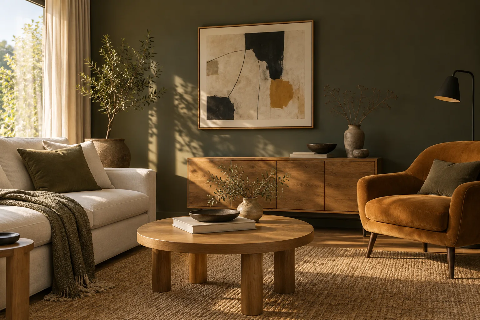 living space with an olive wall, warm timber and considered furnishings