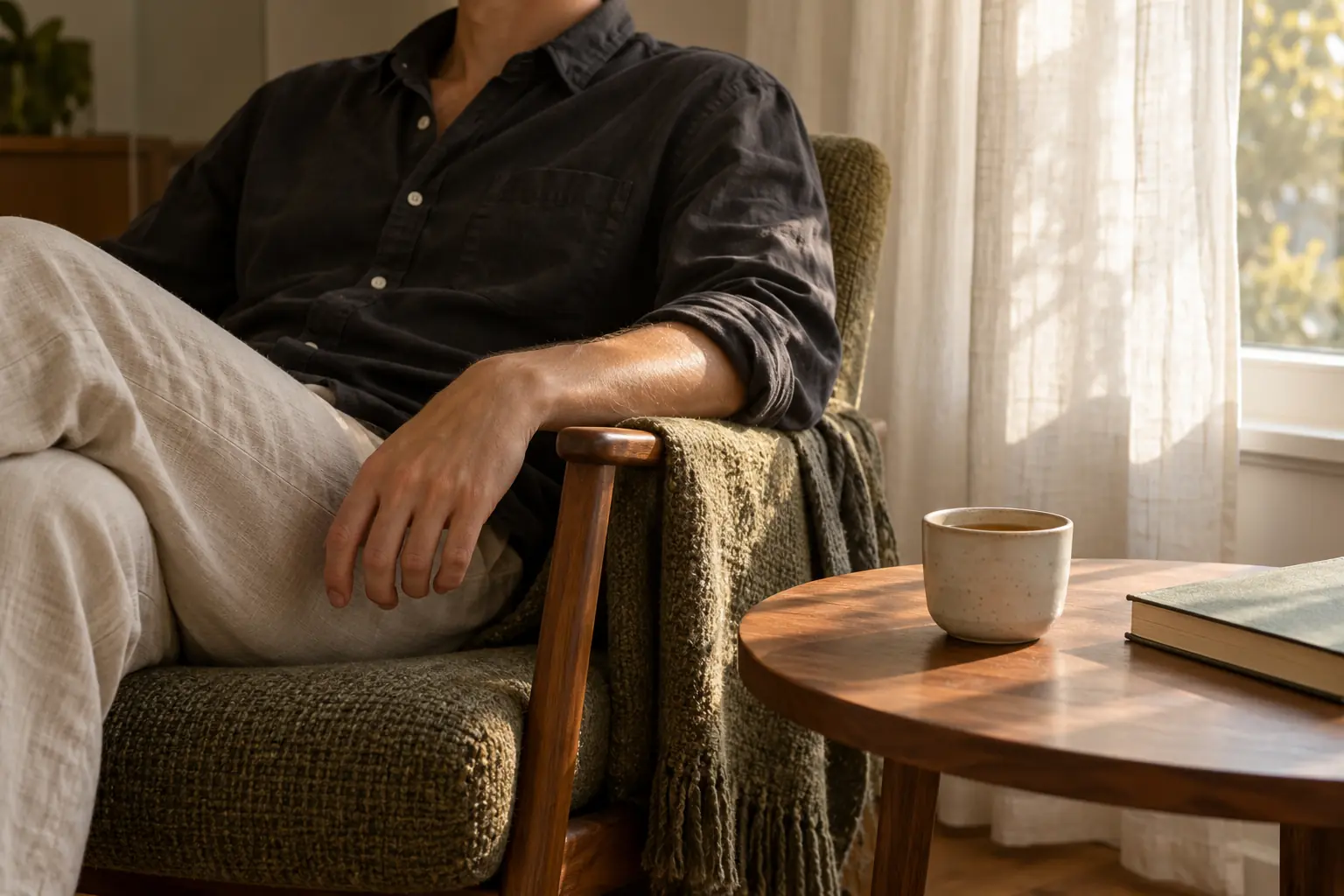 A guest relaxing beside a window with a cup of tea on the side table